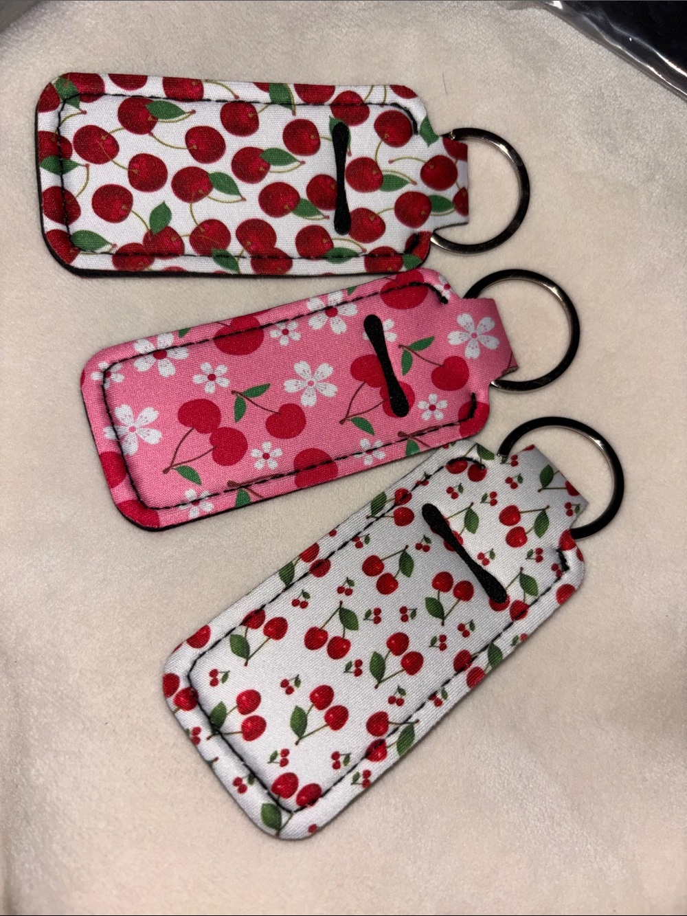 Cherry Print Keychain Lip Balm Holder - Set of 3